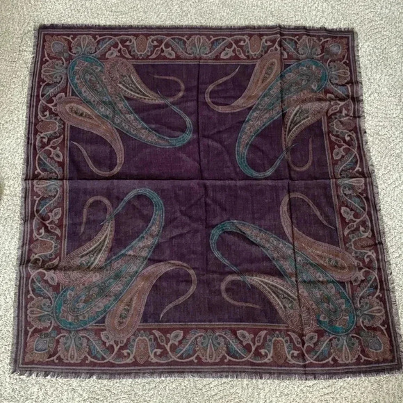 100% wool scarf made in Italy Paisley print deep plum and teal colors - Picture 1 of 3